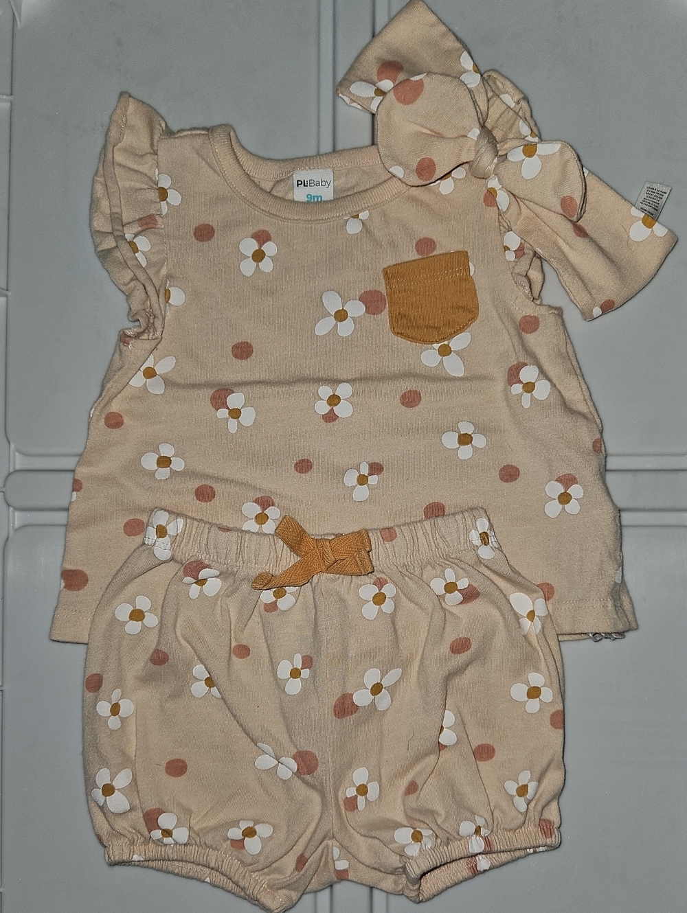 PL Baby Peach Floral Girls Matching Top, Shorts & Bow Set